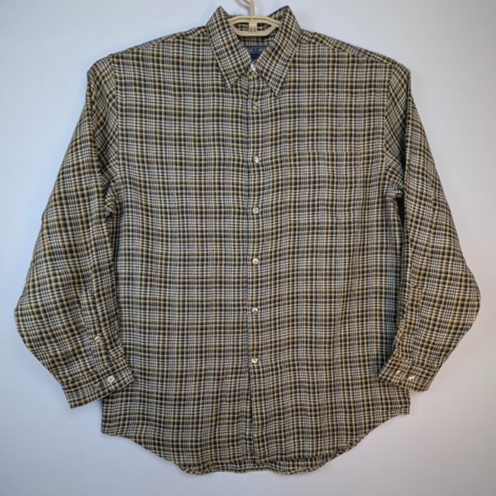 Structure 100% Linen Shirt Mens M Blue Plaid Luxury Vintage 90s LSBD Hong Kong